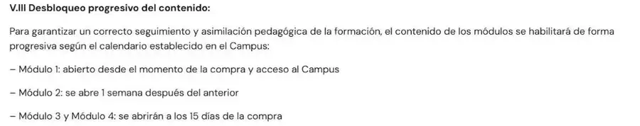Condiciones de compra del curso de Pablo Gil: el módulo 1 se abre al comprar, el módulo 2 una semana después y los módulos 3 y 4 a los 15 días