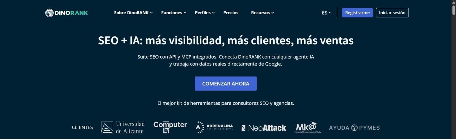 Portada de la web de DinoRank: SEO + IA, suite SEO con API y MCP integrados