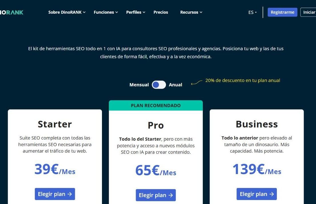 Página de precios de DinoRank con los planes Starter a 39 €, Pro a 65 € y Business a 139 € al mes